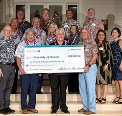 A group of people smiling with a check. Links to What to Give