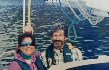 Fran and Kirk aboard their 36-foot sailboat off the coast of North British Columbia